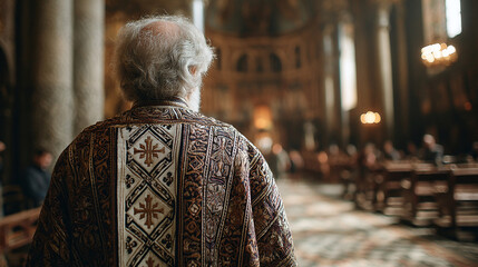 Back view of elderly caucasian male clergyman in traditional attire in cathedral setting
