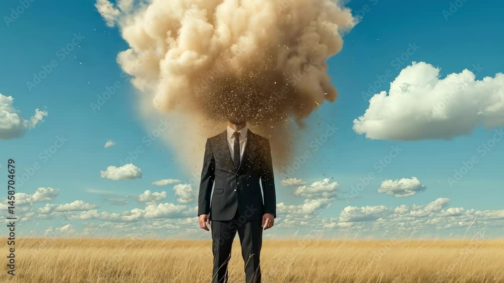 Poster surreal scene of a businessman standing in a desolate landscape with his head replaced by a dissipat