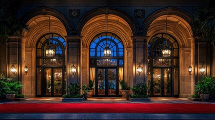 Grand entrance with arched windows and red carpet