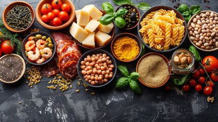 Fototapeta premium Assorted food items like pasta, chickpeas, tomatoes, and herbs are neatly arranged on a concrete table, possibly for cooking or display.