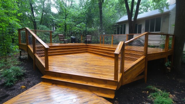 Modern wooden deck design with cable railing and steps