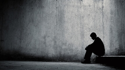 The silhouette of a forlorn man, seated alone next to a cold, rough concrete wall, conveys the anguish of addiction, be it to alcohol or drugs, and the debilitating effects of anxiety on mental