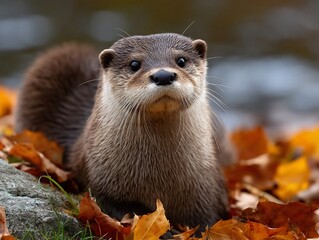 Otter in Autumn Leaves
