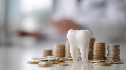 White tooth model on table with coins blurred dentist in background. Dental health concept, cost treatment. Financial aspect of dentistry. Dentist office check up, dental care.