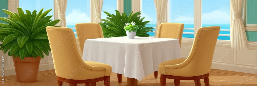 Poster bright and inviting dining area with plush yellow chairs and a table dressed in crisp white cloth su