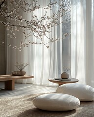 Frosted White Layered Curtain in Arctic Silence Room paired with zen seating and soft tonal harmony Nordic Ice Minimalism ensory Silence Wellness Interior