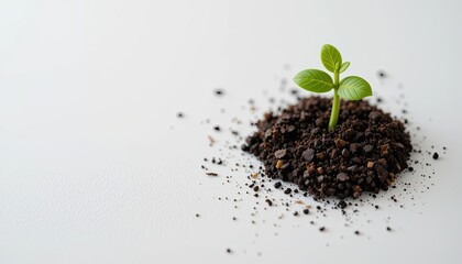 A small green sprout growing from a pile of dark soil on a clean white surface in a close up shot