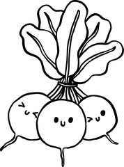 Bunch of Kawaii Radishes Illustration Hand Drawn Doodle Outline Farmer Market