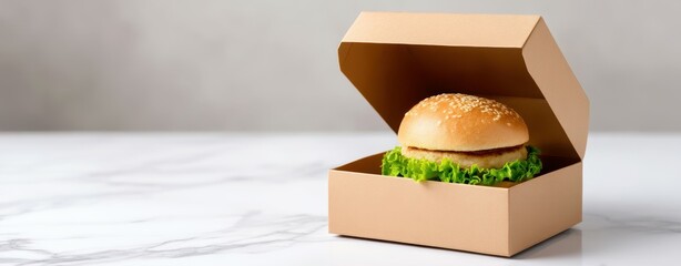 Eco-friendly takeaway packaging solutions. A burger with lettuce in a cardboard box sits on a marble surface, ready for takeout or delivery.