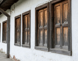 Fototapeta premium Minimalist Traditional Shutters on Whitewashed Russian Izba
