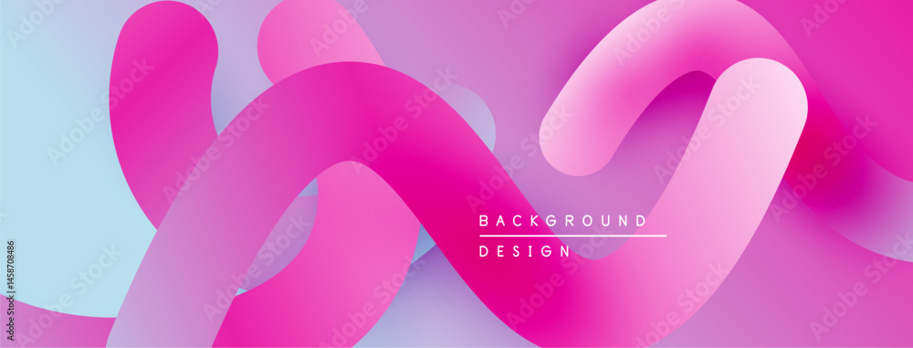 Poster abstract pink ribbons flow over light blue backdrop. modern design creates smooth, dynamic visual ef