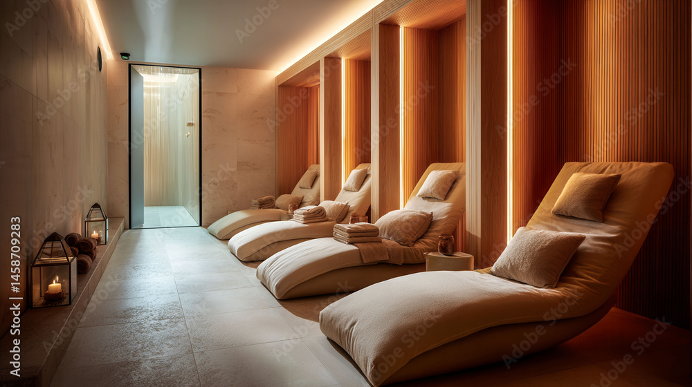 Poster a spa with a long hallway with tan chairs and pillows. the chairs are lined up in rows and the pillo
