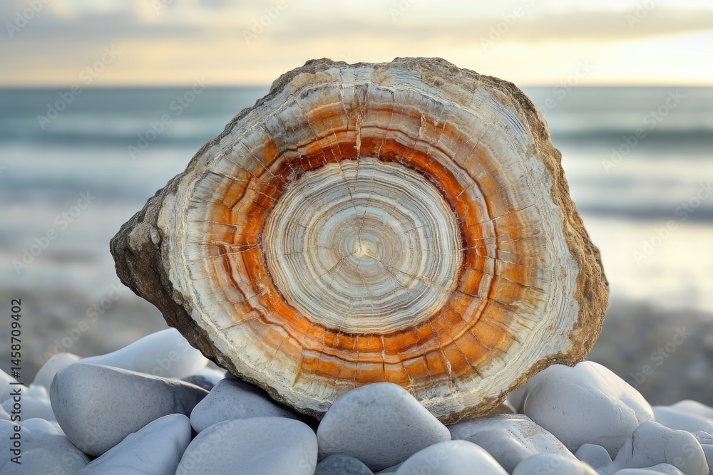Aufkleber a cross-section of a fossilized tree trunk reveals concentric rings on a beach.