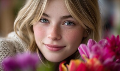 Obraz premium Portrait of a young woman with flowers