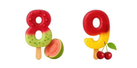  Fruit popsicle numbers 8 and 9 in vibrant fruity colors : Numbers 8 and 9 shaped as frozen popsicles made from guava and cherry blends with realistic fruit accents.