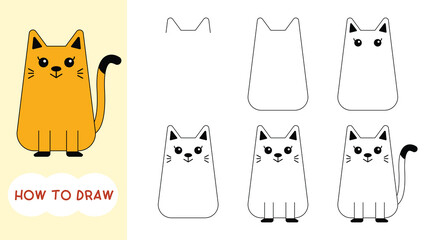 How to draw orange cat cartoon step by step for learning, drawing, education, kids and coloring book
