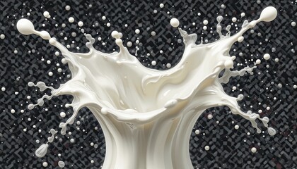 Close up shot of a milk splash against a dark patterned background with flying small droplets around it