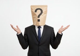 A person in suit with a paper bag over their head with a question mark on it and hands raised up