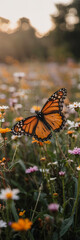 Obraz premium Monarch Butterfly in a Vibrant Wildflower Meadow at Sunset