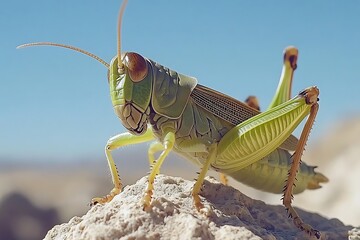 Fototapeta premium A close-up shows a green grasshopper perched atop a rock, against a blurred desert and clear blue sky