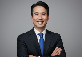 Portrait of a smiling asian man in a suit and tie with arms crossed against a gray background lookiing