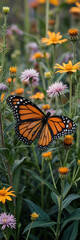 Monarch Butterfly Resting on Flowers in a Vibrant Garden