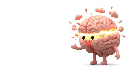 3d cute cartoon illustration, concept art of a human brain exploding with knowledge and creativity, subject on the right with copy space on the left, under white brilliance