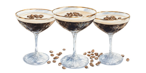 Espresso Martini trio bursting with bold coffee flavour. Watercolor illustration on transparent background.