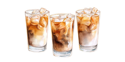 Cold Brew Coffee trio bursting with bold roast flavour. Watercolor illustration on transparent background.