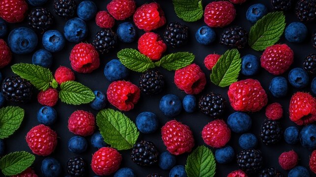 Fresh berries raspberries blueberries blackberries and mint