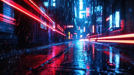 Obraz premium Cyberpunk Rain-Soaked Alleyway: Neon Reflections in a Futuristic City