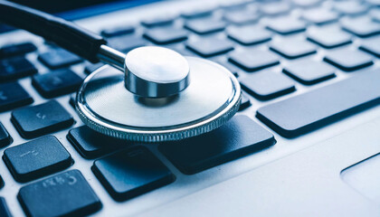 Stethoscope on keyboard: symbolizing digital healthcare innovation. A close-up of a stethoscope resting on a keyboard, representing the fusion of medical practice and technology in modern healthcare.