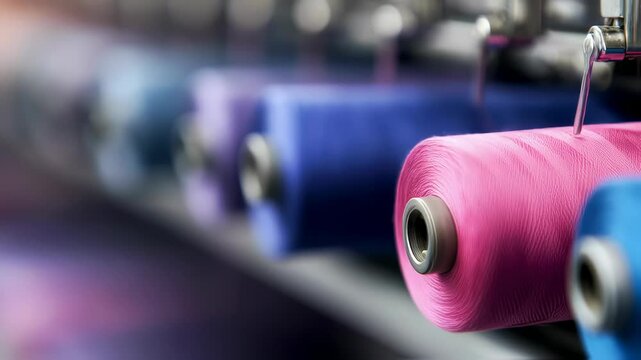 Automated industrial sewing machine processing multiple colorful threads in textile factory