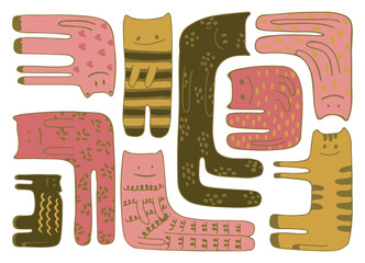 Bright colorful cute cats in cartoon style set. Cute animals isolated on white background. Vector illustration