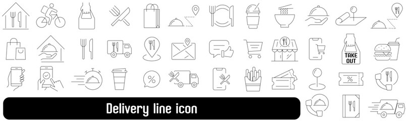Delivery line icon set features various symbols including food, drink, shopping, transportation, and communication, perfect for modern delivery service concepts and digital applications