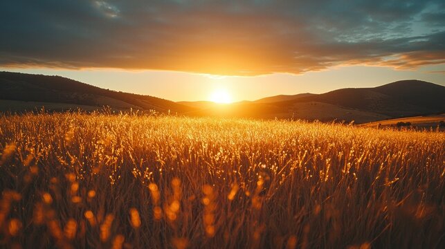 Golden wheat field gleams at sunset under cloudy sky