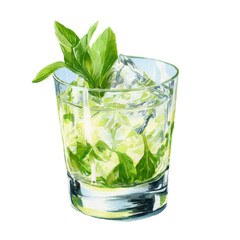 Mojito cocktail fizzing with lime and mint freshness. Watercolor illustration on transparent background.