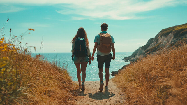 
Young couple with backpacks exploring a coastal trail, wide shot with ocean view, summer breeze, active and adventurous lifestyle - Powered by Adobe