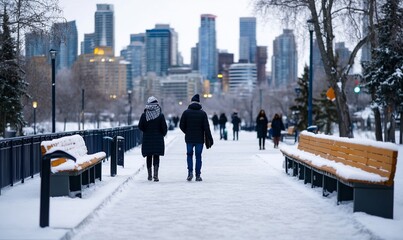 Calgary's winter charm: A couple strolls through a snow-covered park