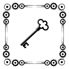 Steampunk Key in Geometric Frame, Black and White Vector