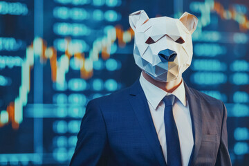 Businessman with geometric bear mask in front of stock market charts