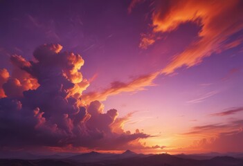 Fiery orange and purple clouds bleed across a vibrant, textured sunset sky , picture, beautiful, light