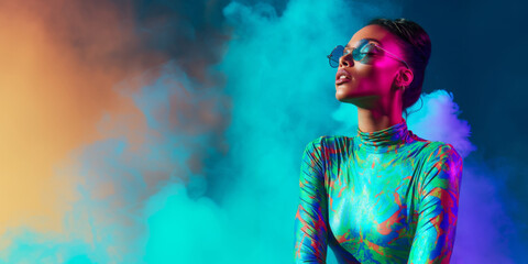Futuristic fashion portrait with holographic turtleneck and colorful smoke effects