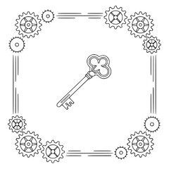 Steampunk Key & Gears Illustration: Unlock Concept, Minimalist Design