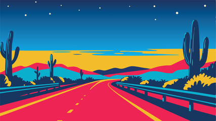 A vibrant desert road landscape featuring cacti, mountains, and a starry night sky