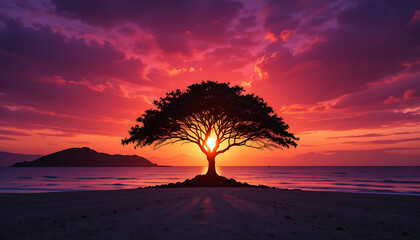 Obraz premium Solitary Tree Sunset at Beach
