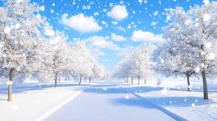 Obraz premium Snowy path through winter trees blue sky falling snowflakes