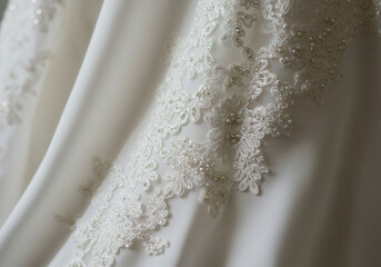 Elegant white wedding dress close-up with delicate lace and pearl detailing, perfect for brides.