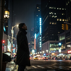 Under the city lights, a man reflects joyfully echoes through the streets, finding meaning in the night's embrace in a bustling urban landscape