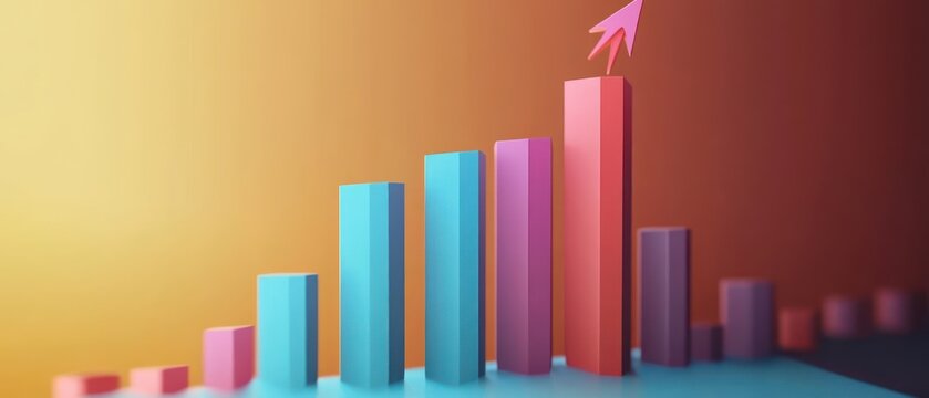 3 d bar graph with rising arrow showing growth and success